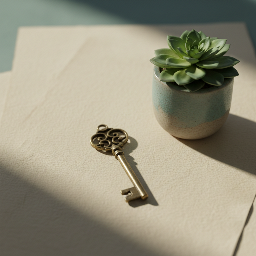 A brass key on paper beside a small plant, symbolizing ownership