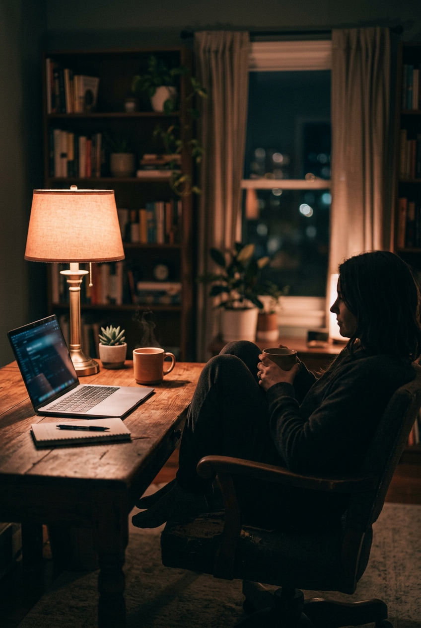 A calm night home office with a laptop glowing and someone relaxing nearby