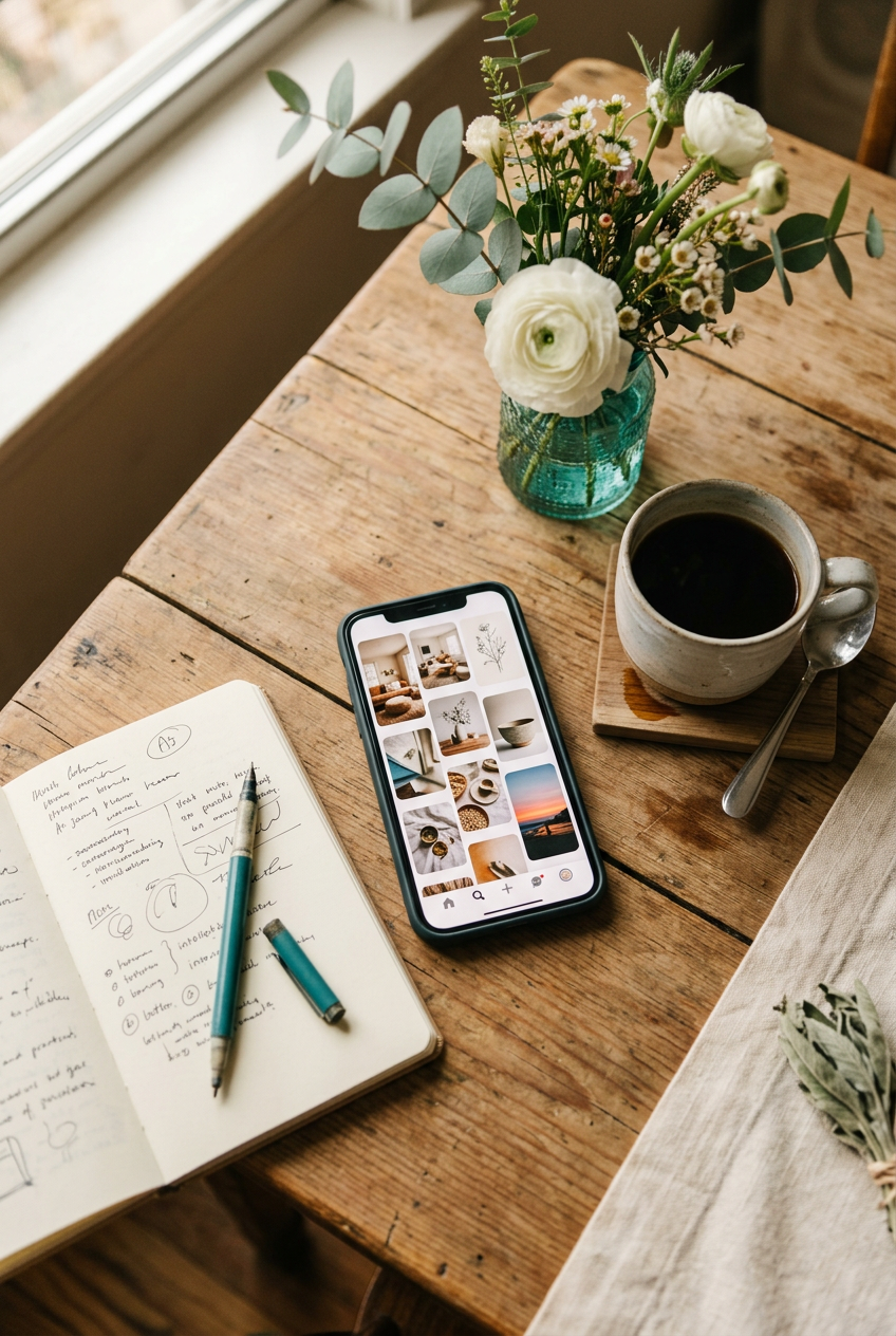 A relaxed morning table with a phone showing a grid of pins, coffee, and flowers