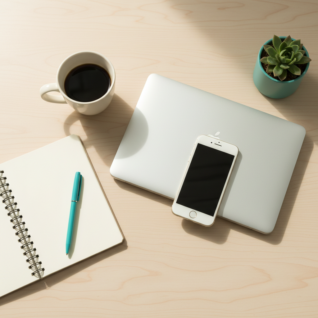 A closed laptop and a phone side by side on a tidy desk with coffee and a plant