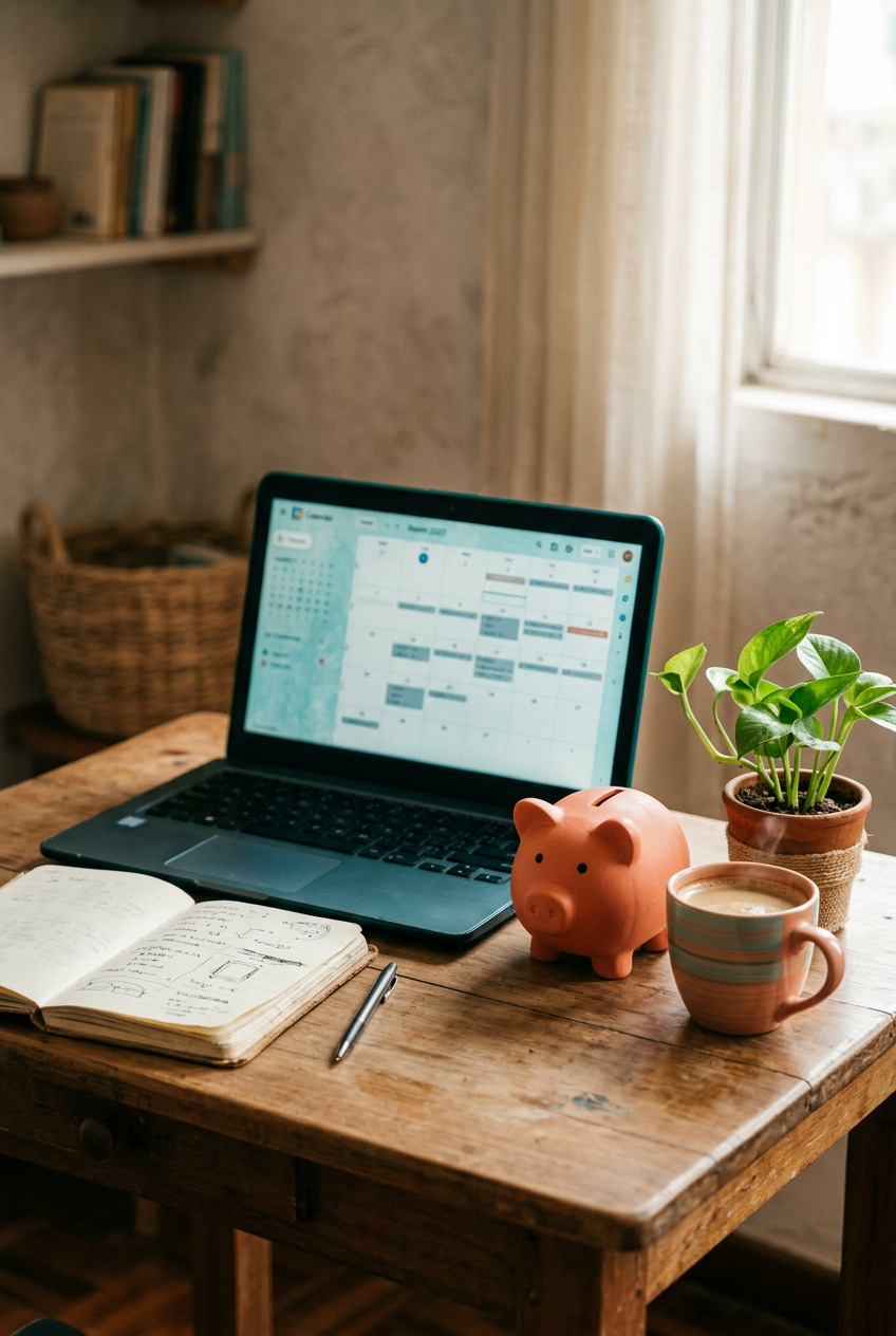 A budget home workspace with a laptop calendar, piggy bank, and coffee
