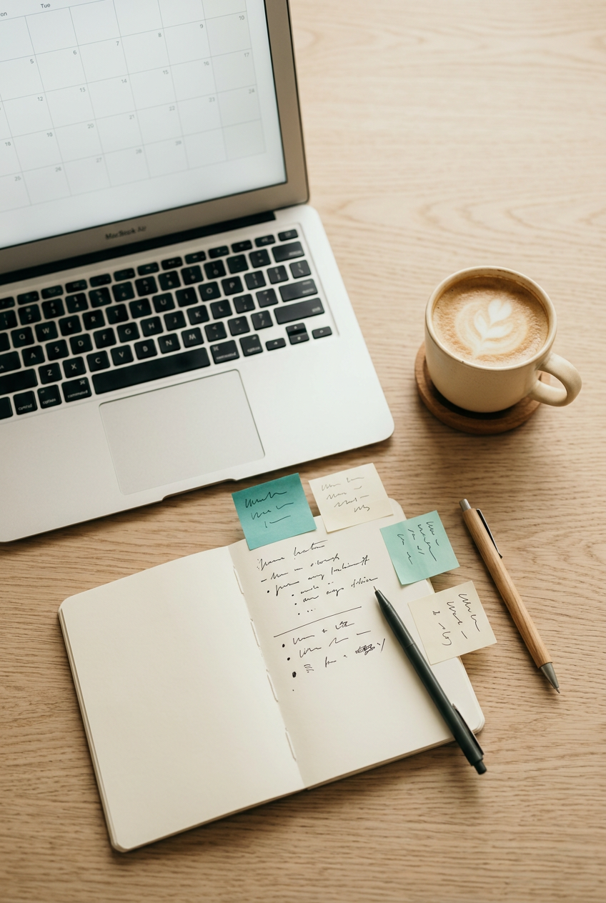 A simple planning desk with a laptop calendar and to-do list