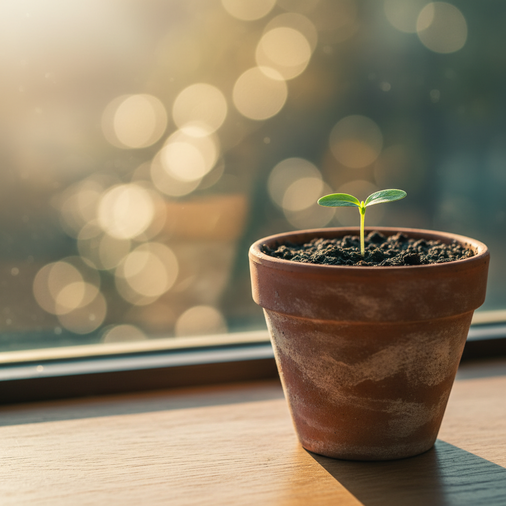 A small seedling sprouting on a sunny windowsill, symbolizing patient growth