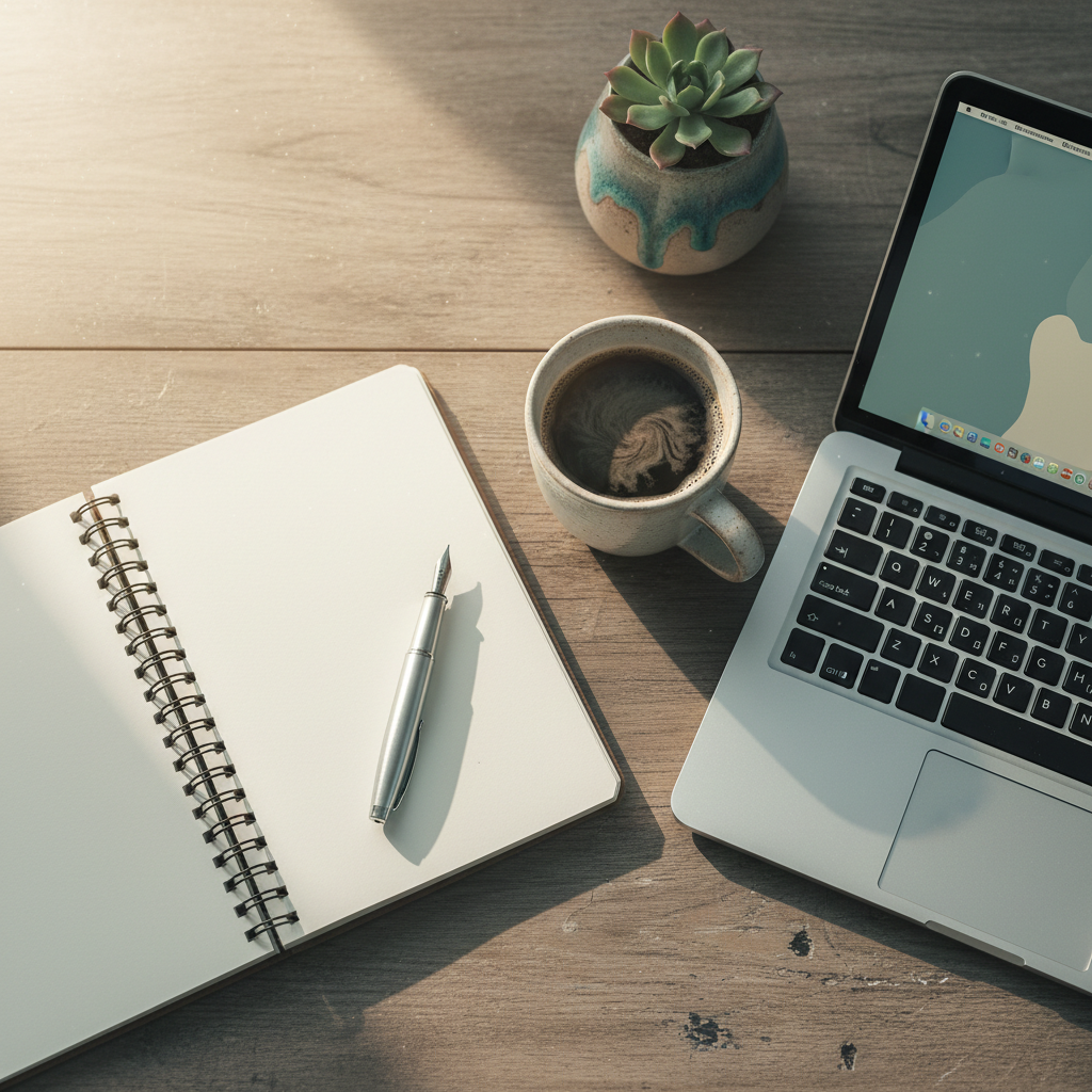 A cozy still-life of a notebook, laptop and coffee on a wooden desk