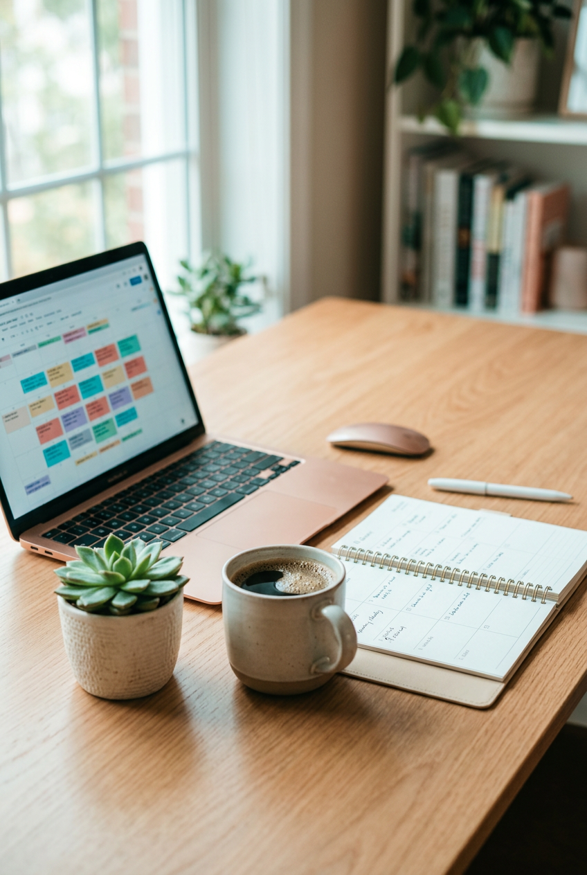 A desk with a laptop showing a content calendar, a planner, and coffee