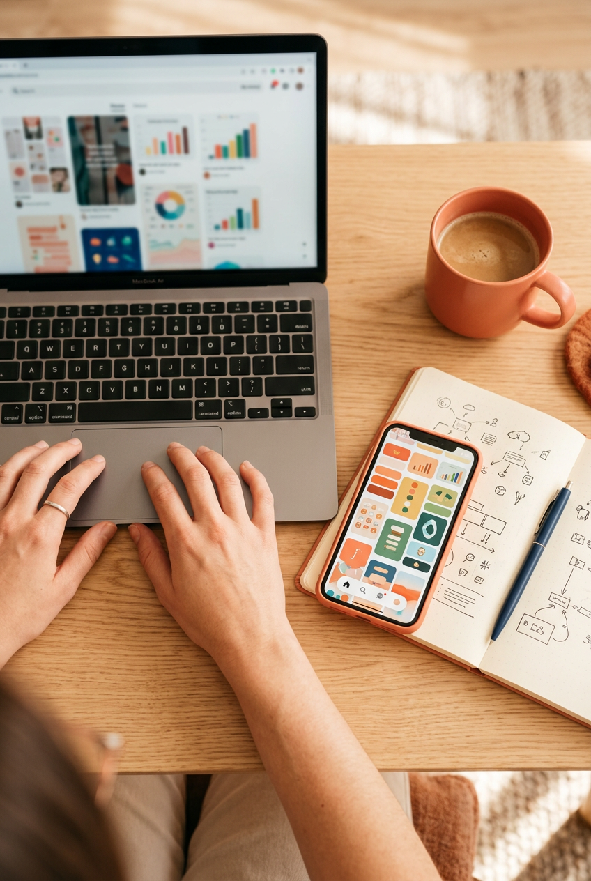 Hands using a laptop next to a phone showing a grid of pins