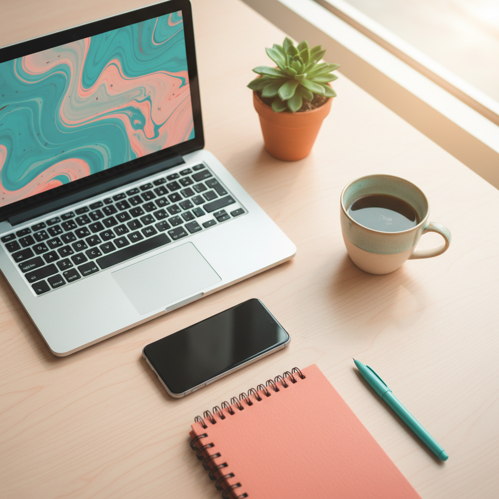A warm flat-lay of a laptop, phone, coffee and notebook on a desk