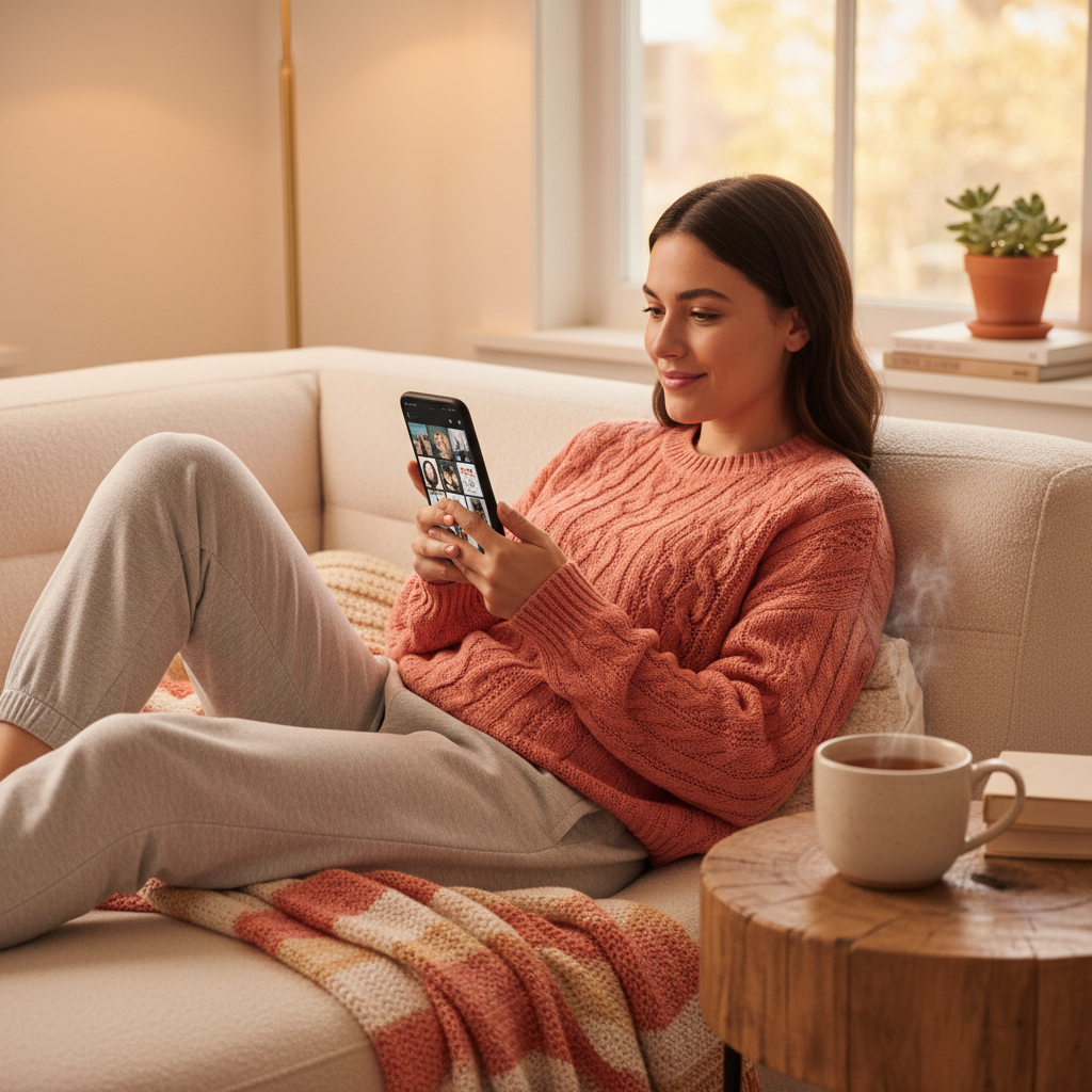 A woman on a couch using only a smartphone to manage Pinterest