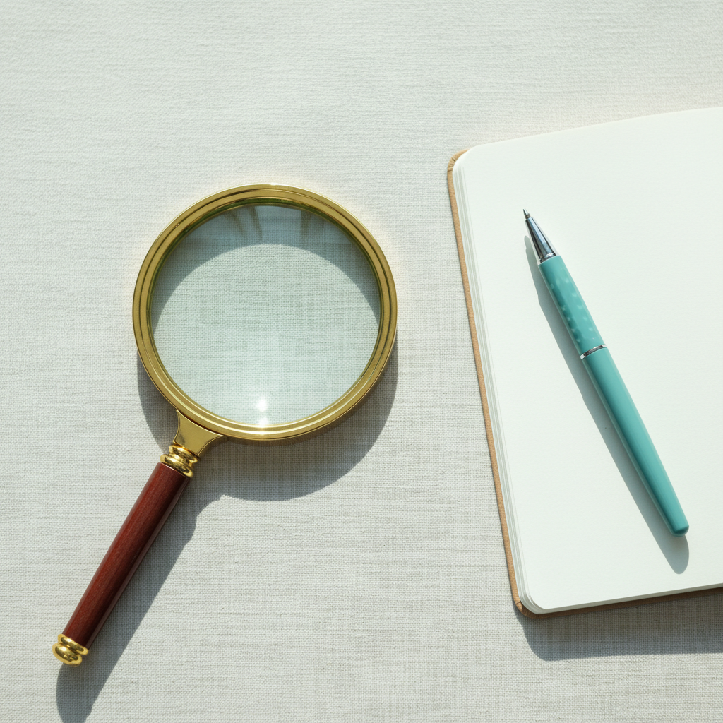 A magnifying glass on linen beside a notebook, symbolizing search