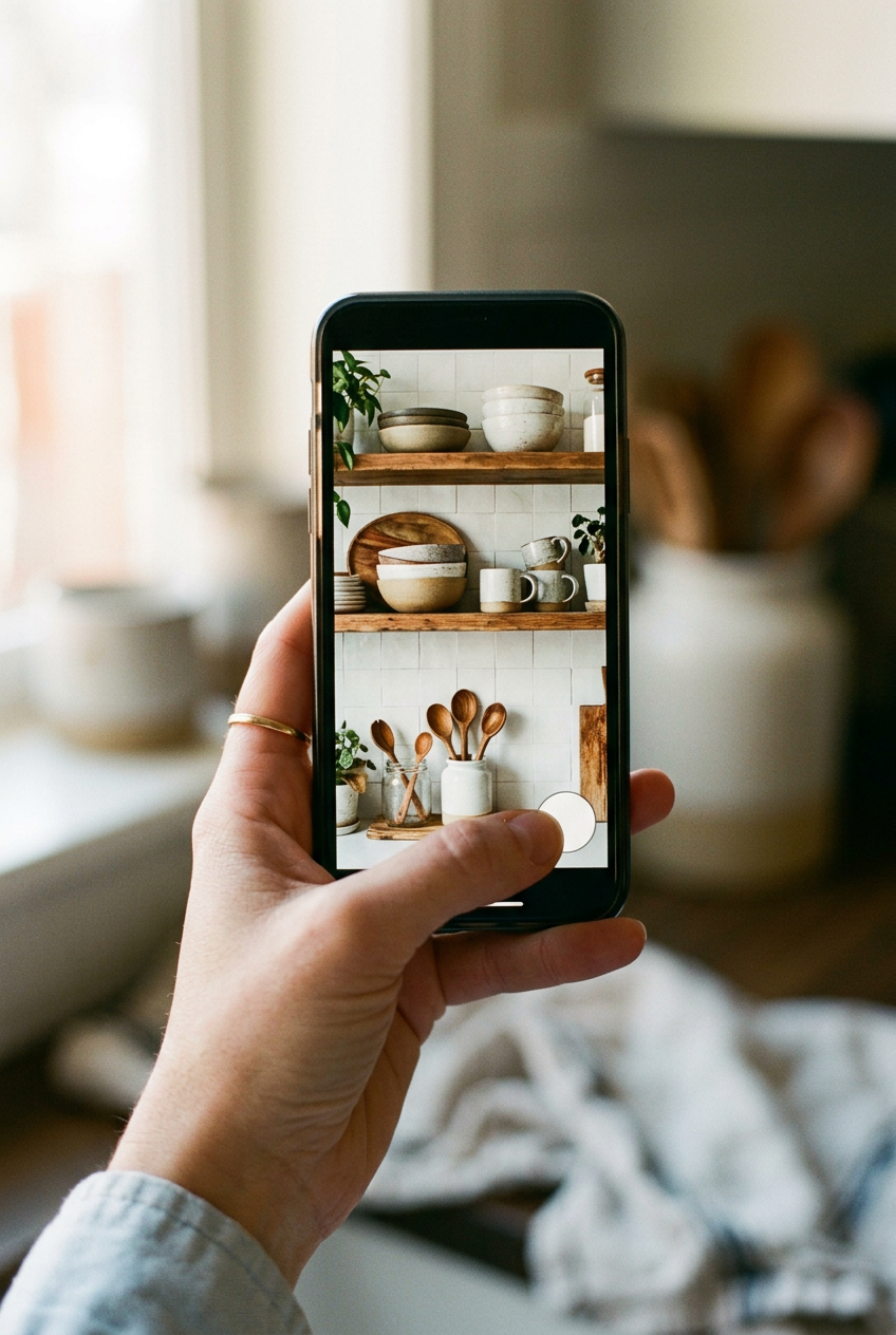 A thumb pressing a small unmarked save button on a tall photo on a phone, in window light