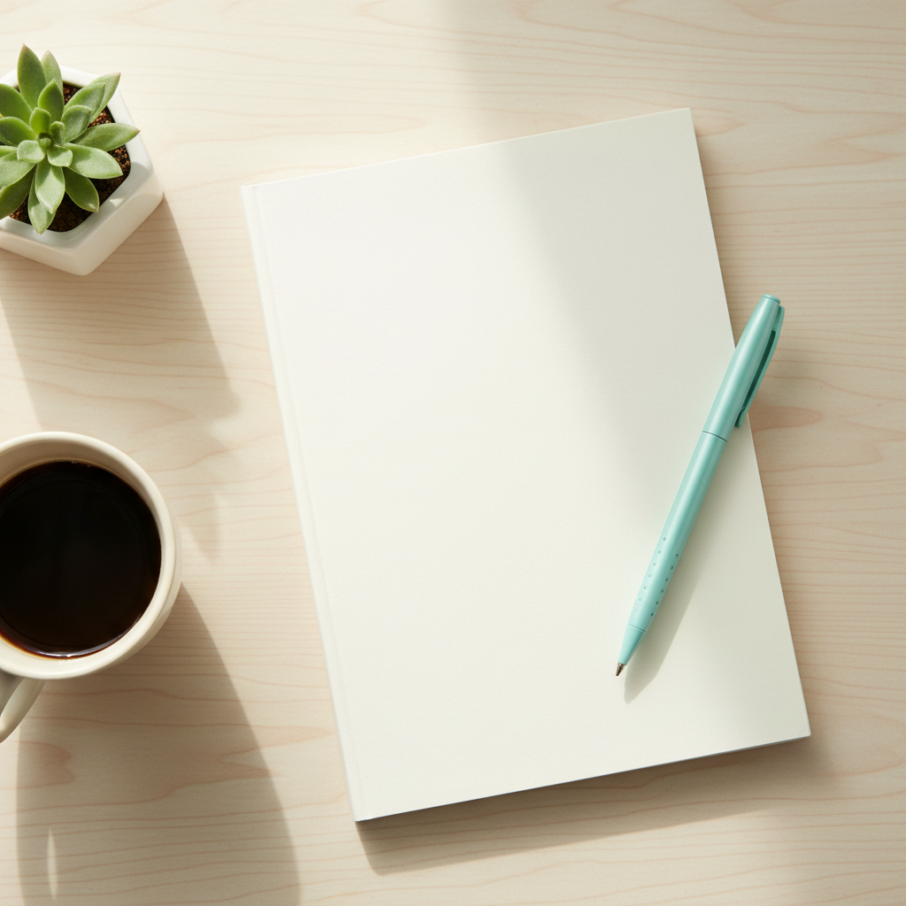 A fresh notebook, pen, coffee and plant on a desk — a clean start