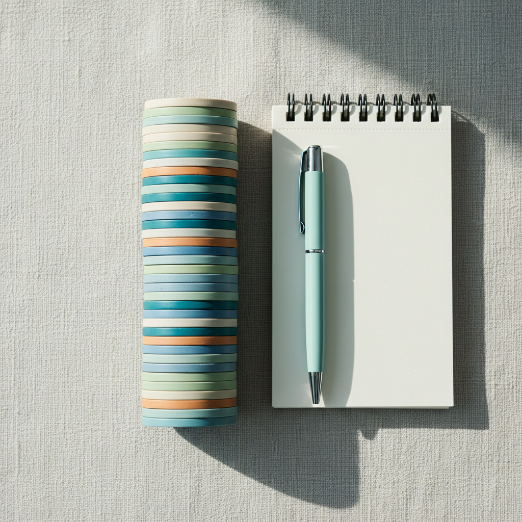 A stack of chips beside a notebook, representing an ad budget