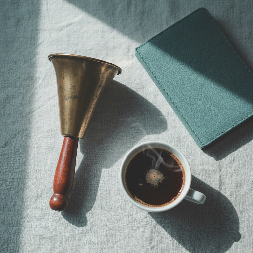A small megaphone on a desk beside a notebook and coffee