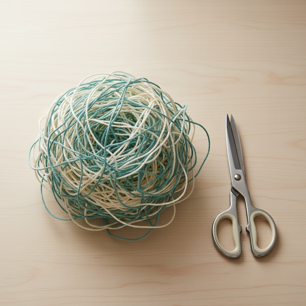 A tangled ball of string beside scissors on a desk