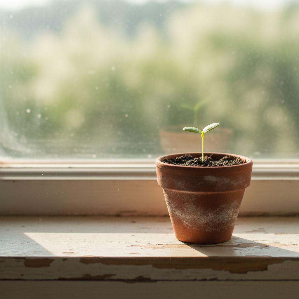 A small seedling growing in a terracotta pot on a windowsill