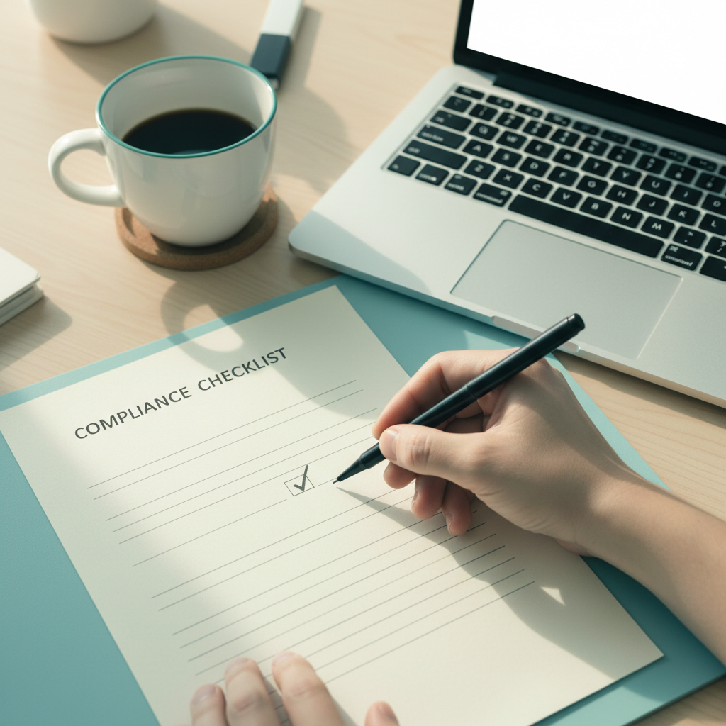 Hands checking off a compliance checklist beside a laptop
