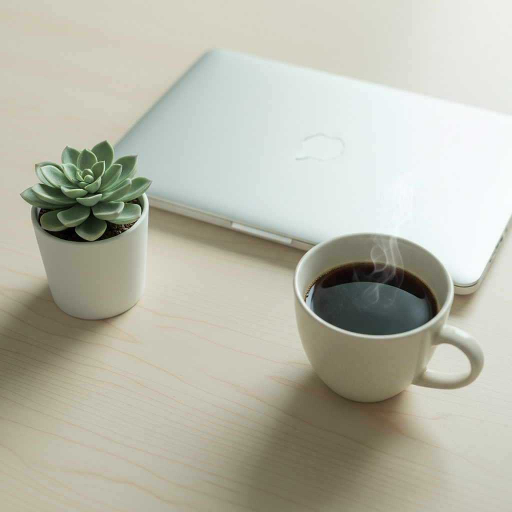 A succulent, laptop and coffee on a desk — a professional setup