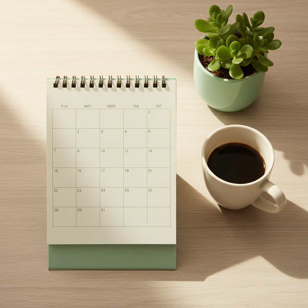 A desk calendar, coffee and plant — planning a first month