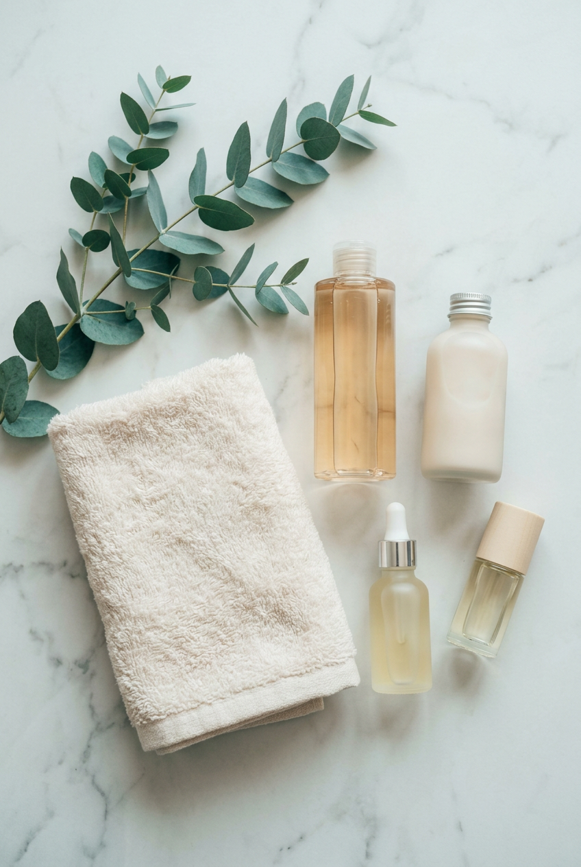 A minimalist skincare vanity flat-lay with serum, bottles, towel, and eucalyptus