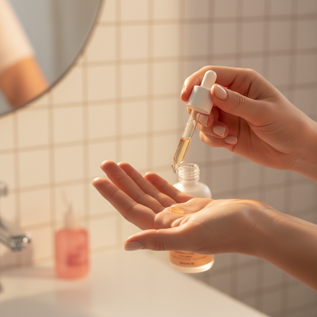 Close-up of hands applying facial serum in soft morning light