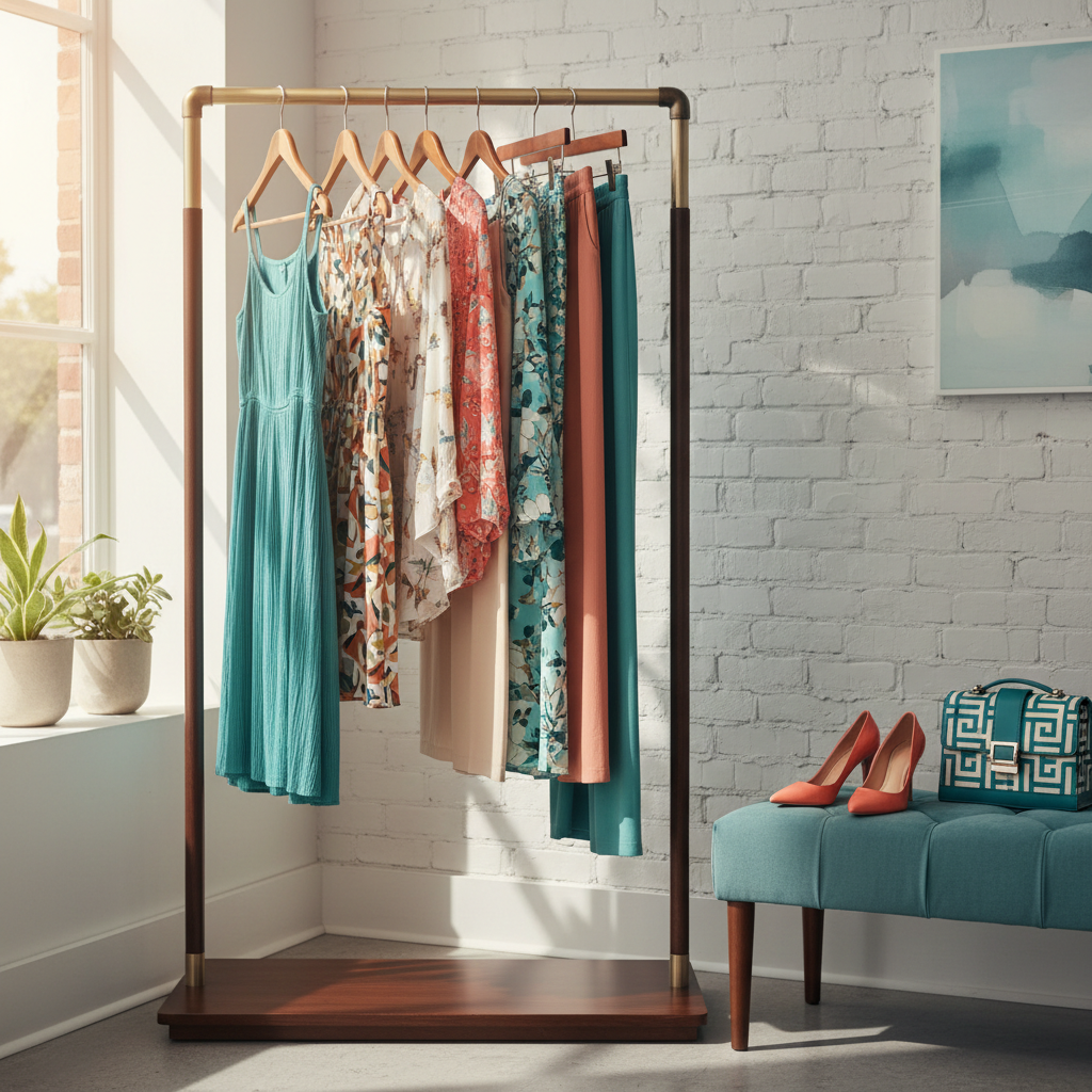 A styled boutique clothing rack with seasonal outfits, heels, and a handbag