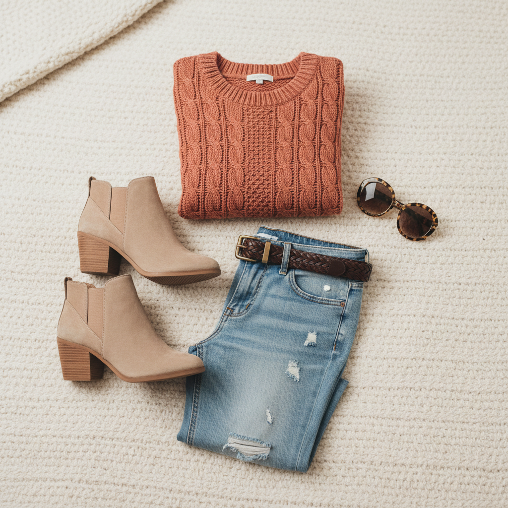 A flat-lay of a coordinated outfit with sweater, denim, belt, sunglasses, and boots