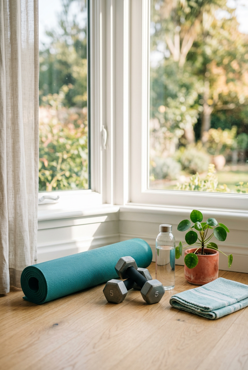 A bright home workout scene with a yoga mat, dumbbells, water bottle, and plant