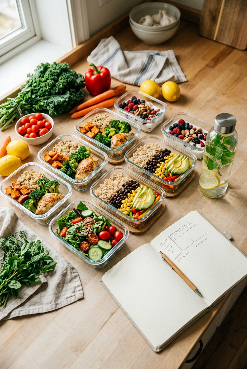 A healthy meal-prep scene with glass containers, vegetables, and a plan