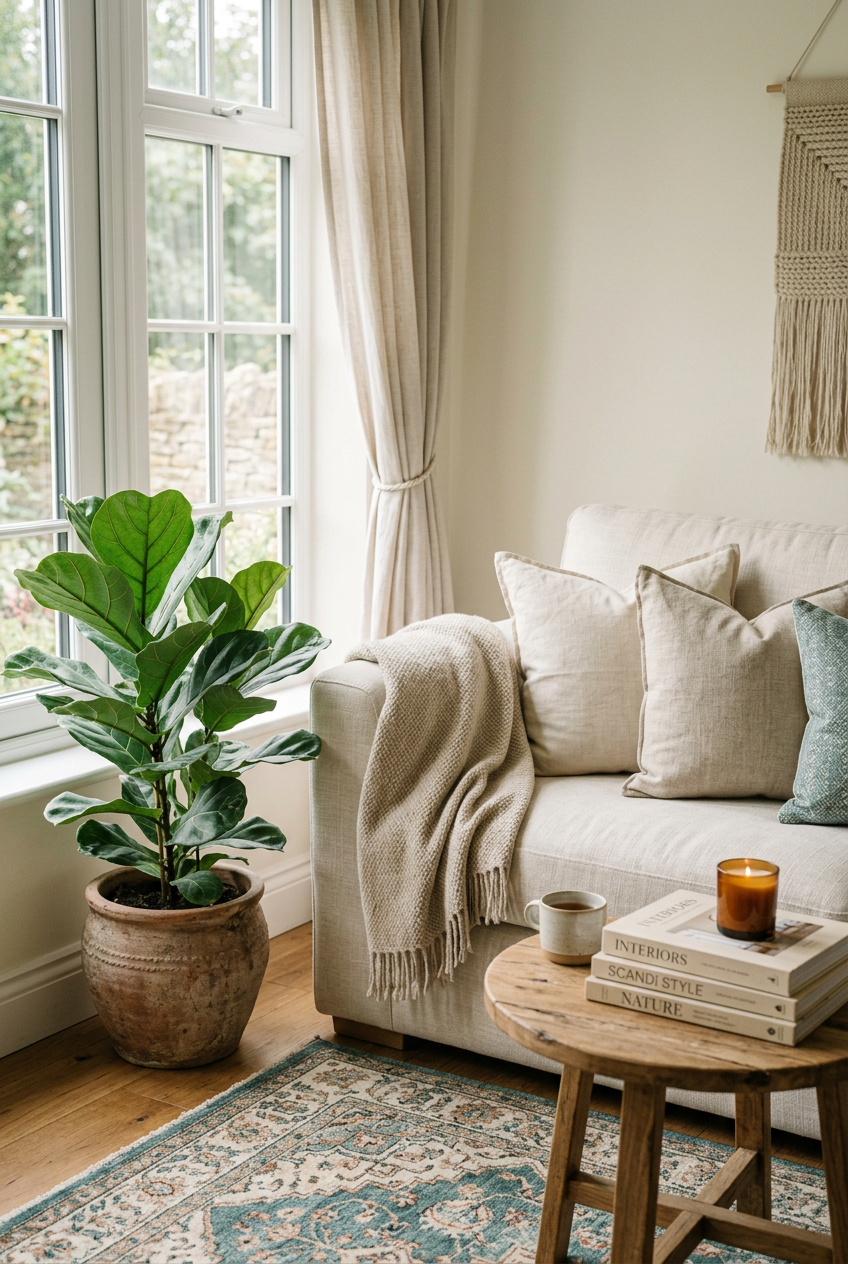 A warmly styled living room corner with a linen sofa, throw, plant, and coffee table