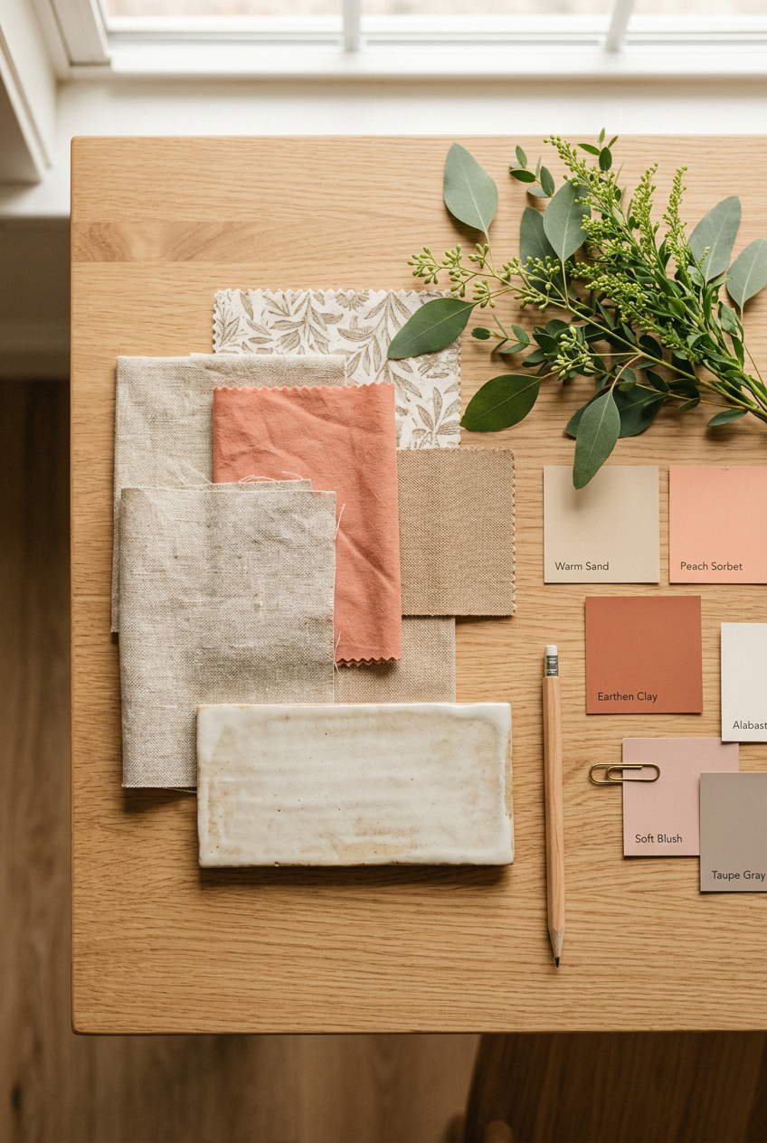 An interior design mood board with fabric swatches, paint chips, and a tile sample