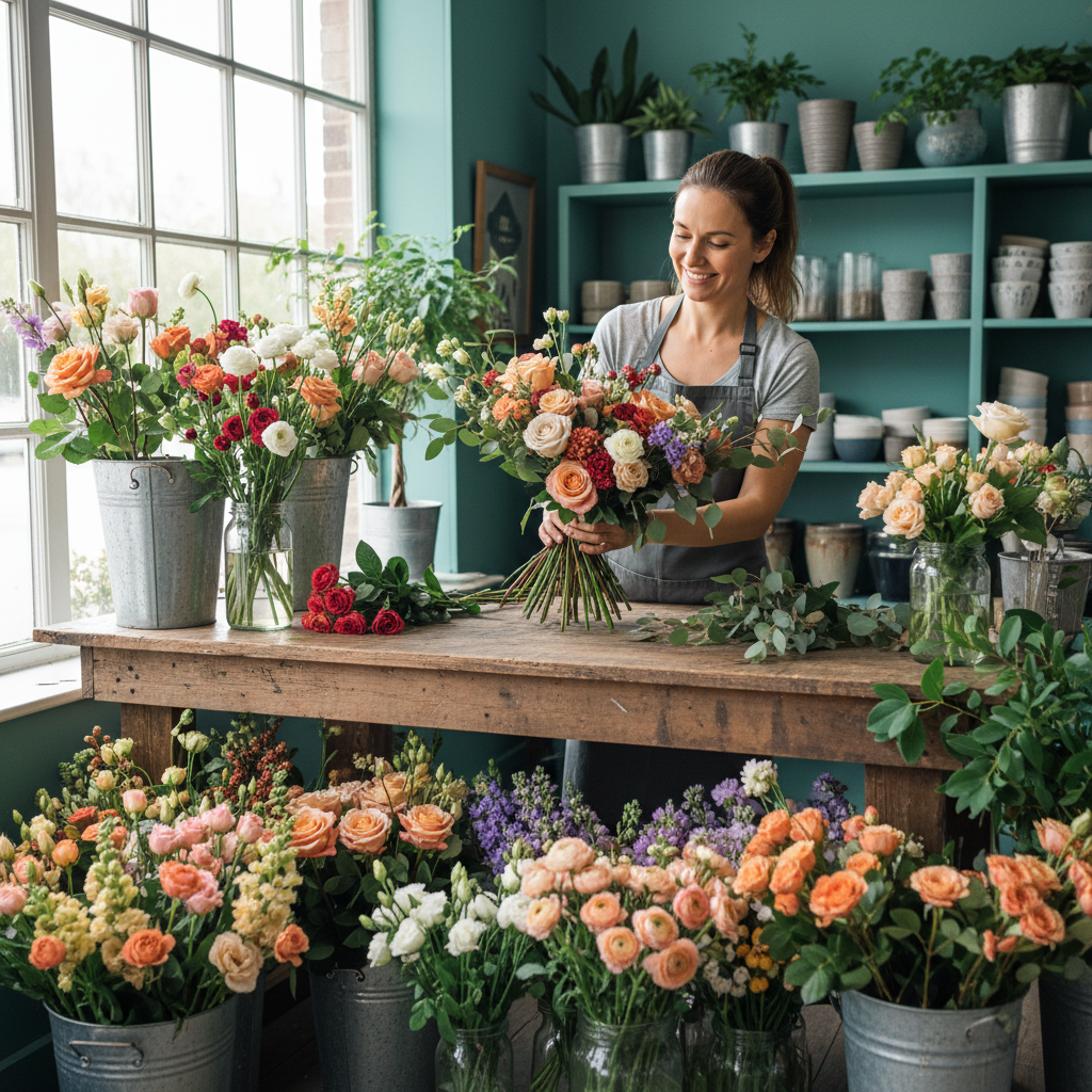 A local florist arranging a bouquet at a bright shop counter