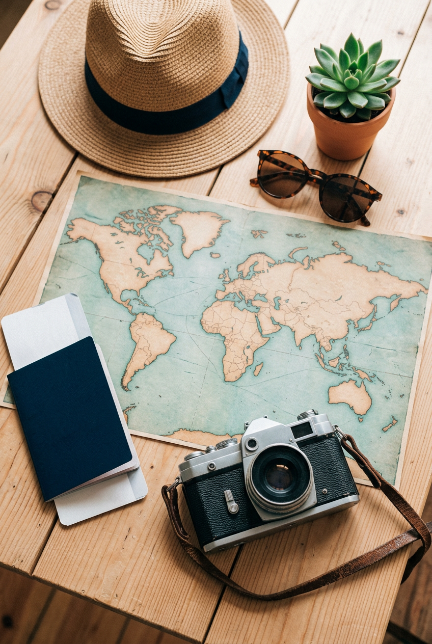 A travel planning flat-lay with a map, camera, passport, hat, and sunglasses