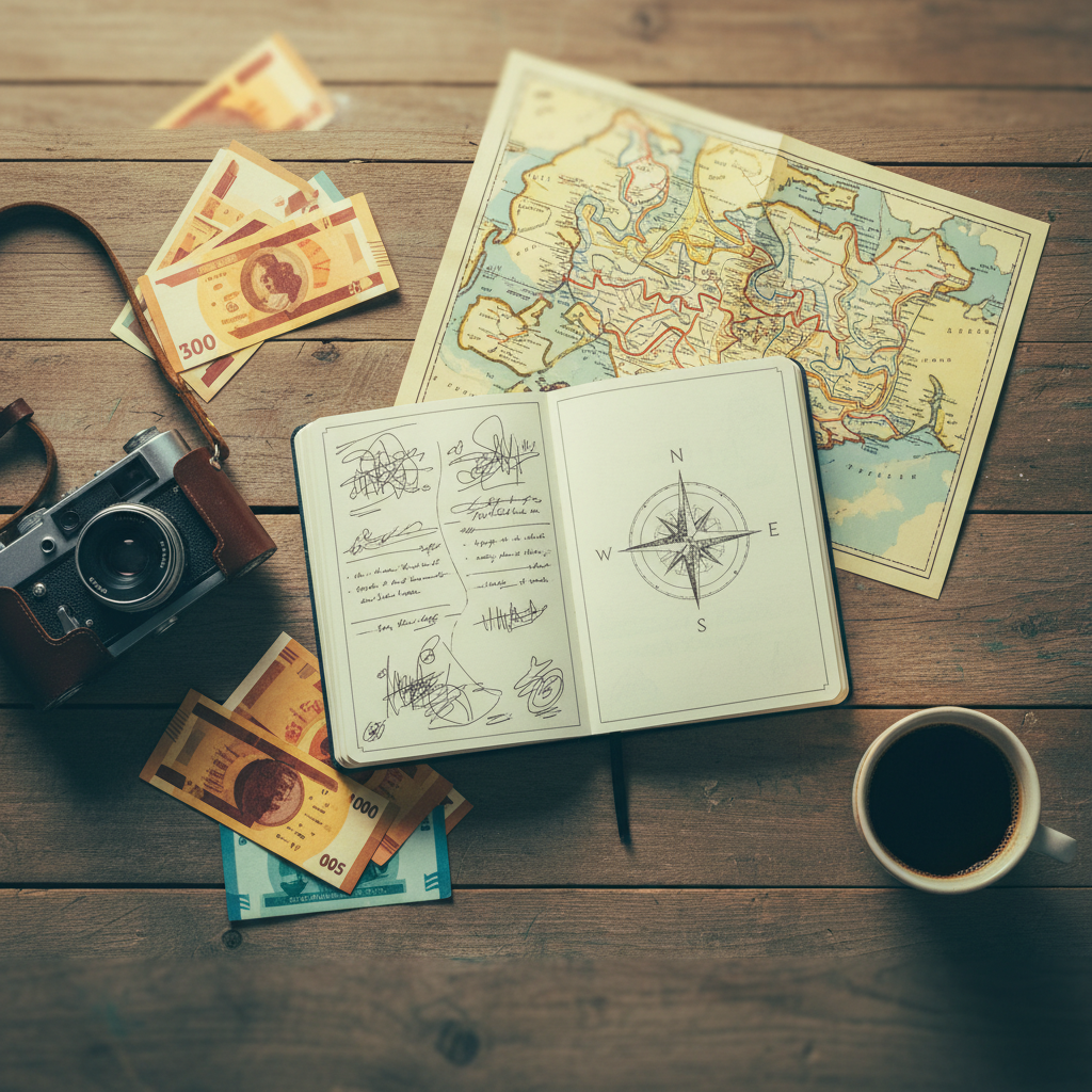 An open travel journal with an itinerary, map, camera, and coffee