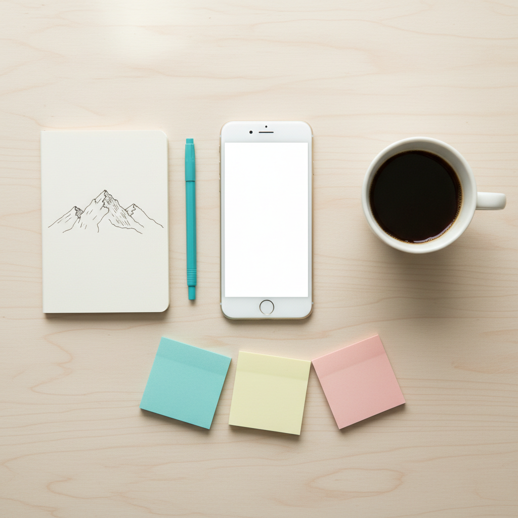 A tidy desk flat-lay of a phone, notebook, sticky notes, pen and coffee