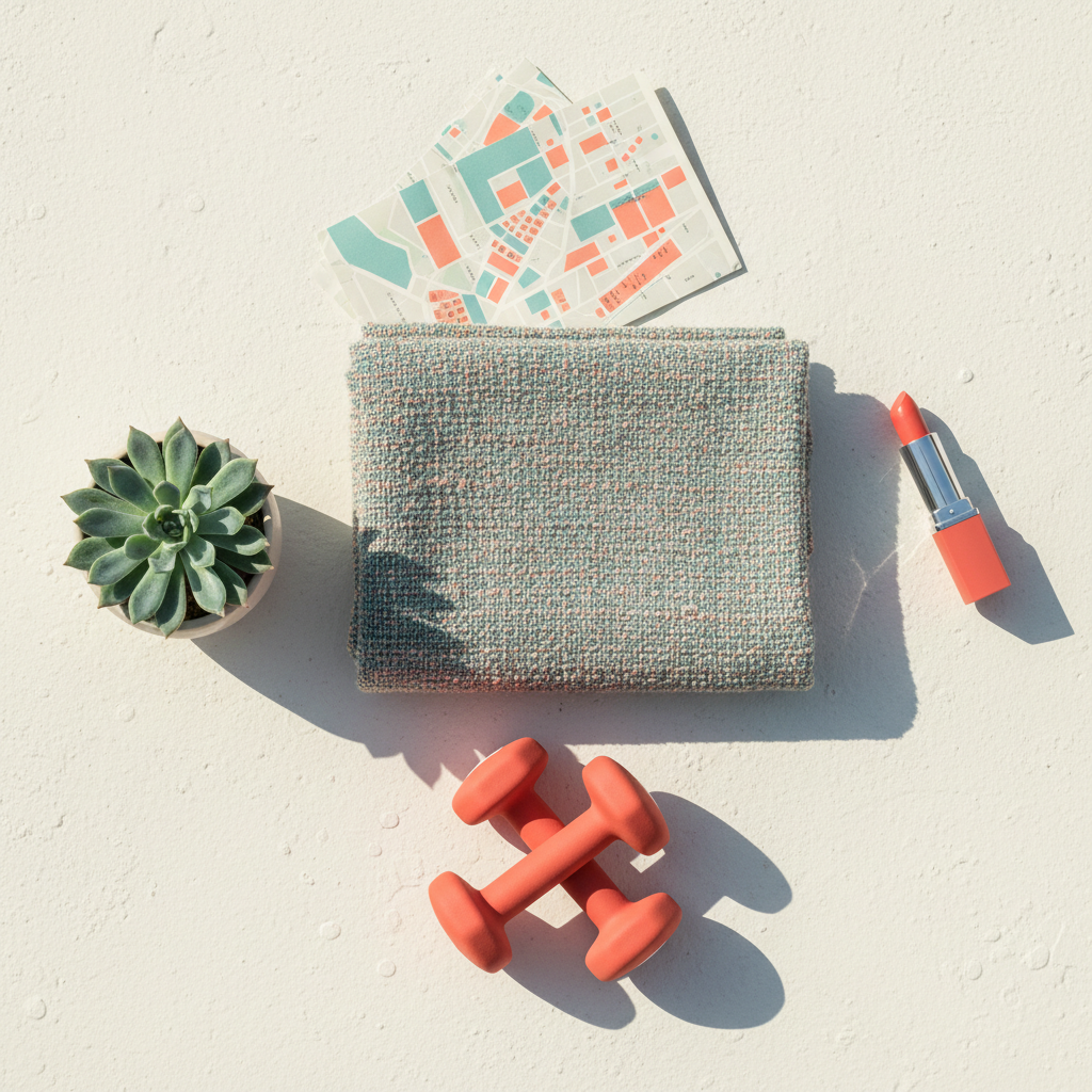 A flat-lay mood board mixing fashion, beauty, decor, fitness, and travel objects