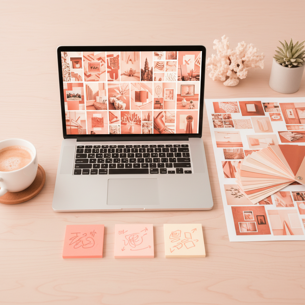 A planning desk with a laptop showing a grid of pins and a mood board