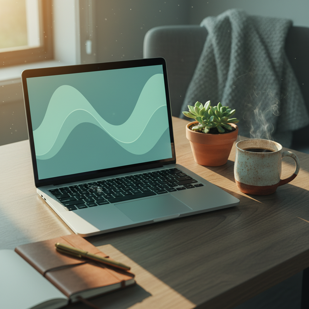 A home office desk with a laptop showing an analytics chart