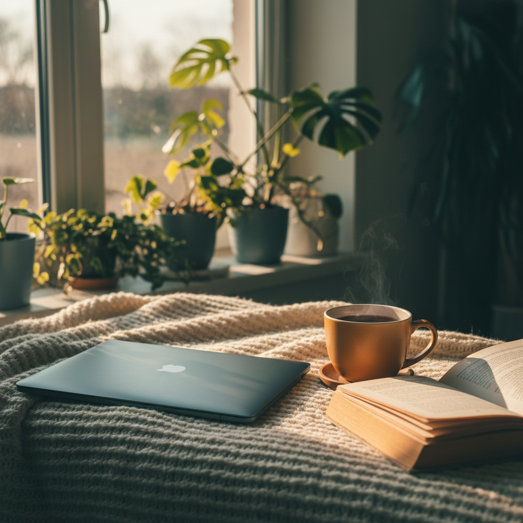 A calm cozy scene with a closed laptop, tea and a book by a sunny window