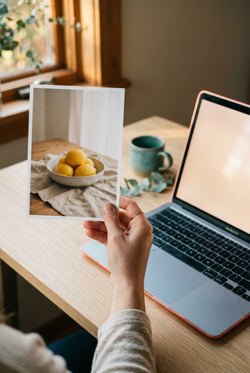 A hand holding up a single tall portrait photographic print of a kitchen still life in front of an open laptop on a pale oak desk, warm afternoon window light, the print sharp and the desk behind it dissolving into soft focus.