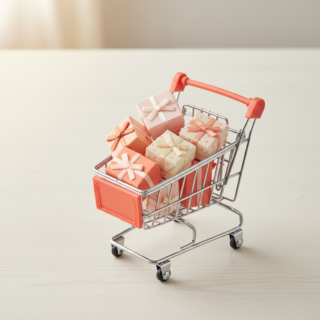 A small shopping cart of wrapped gift boxes on a table