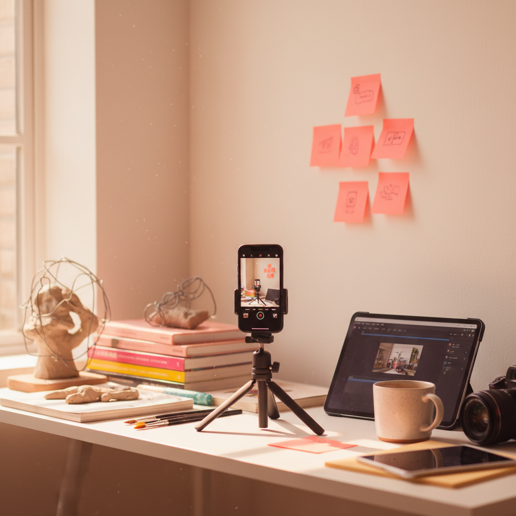 A creator’s desk mid batch-session with a phone tripod and idea sticky notes