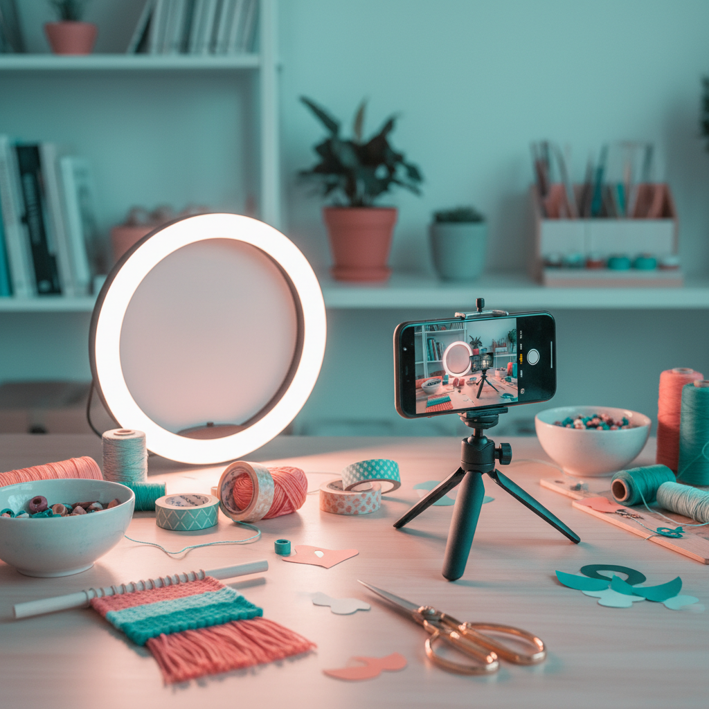 A phone on a tripod filming a styled tabletop with a ring light