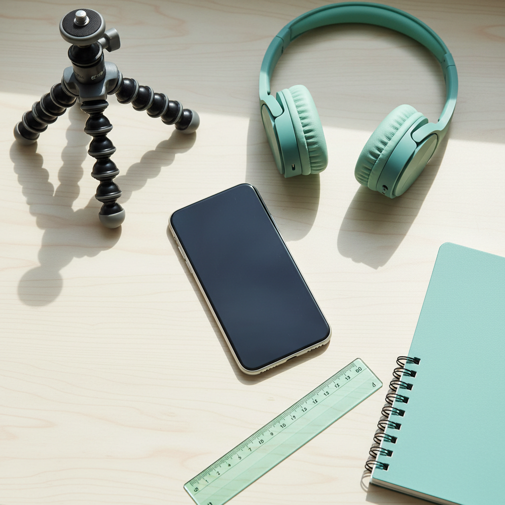An overhead flat-lay of a phone, tripod, headphones, ruler and notebook