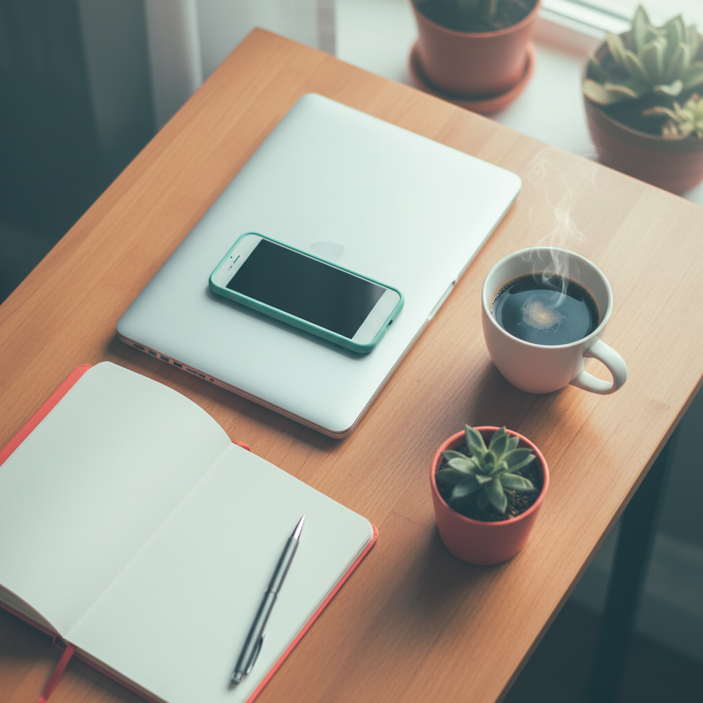 A cozy desk flat-lay of a phone beside a closed laptop, coffee and a plant