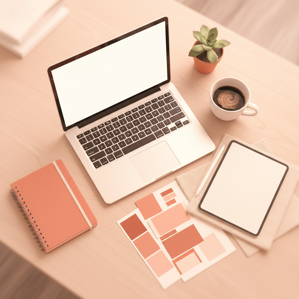 A flat-lay of a laptop, tablet and colorful design tools on a desk