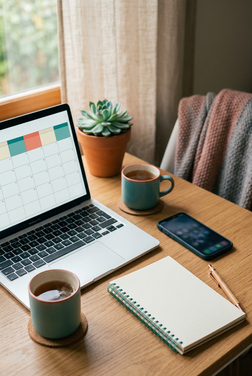 A desk with a laptop showing a weekly calendar, phone, and notepad