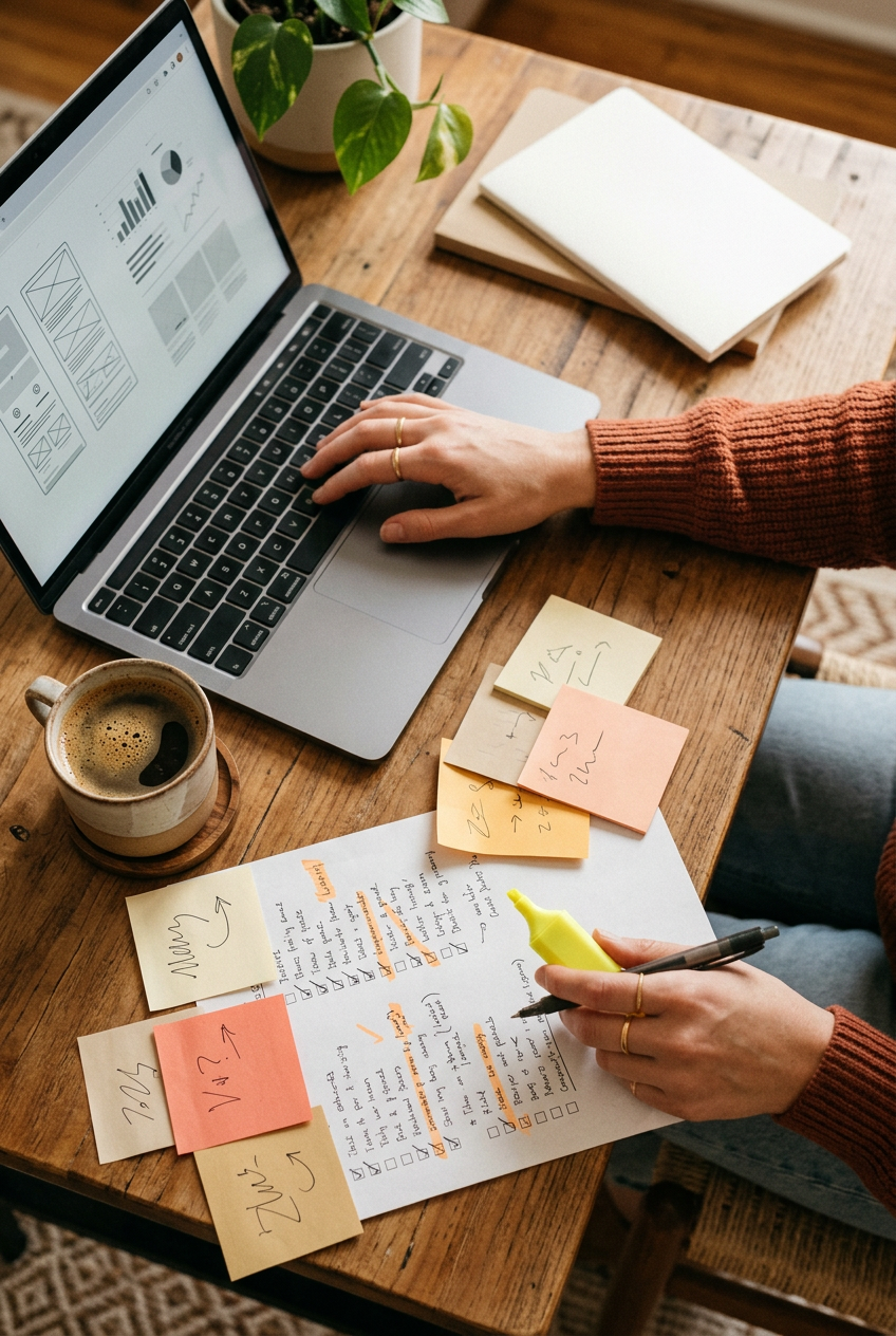 A desk with a laptop, a checklist, sticky notes, and a highlighter