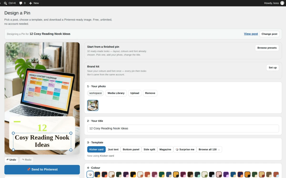 The Burnpedia Image Maker editor opened from a WordPress post, with the featured image and headline already in place.