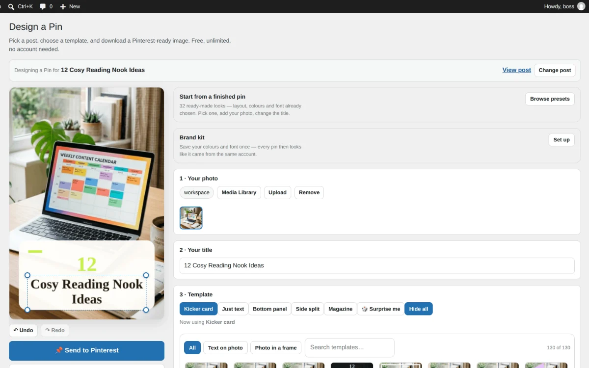 The template gallery, every design previewed against the post’s own photograph.