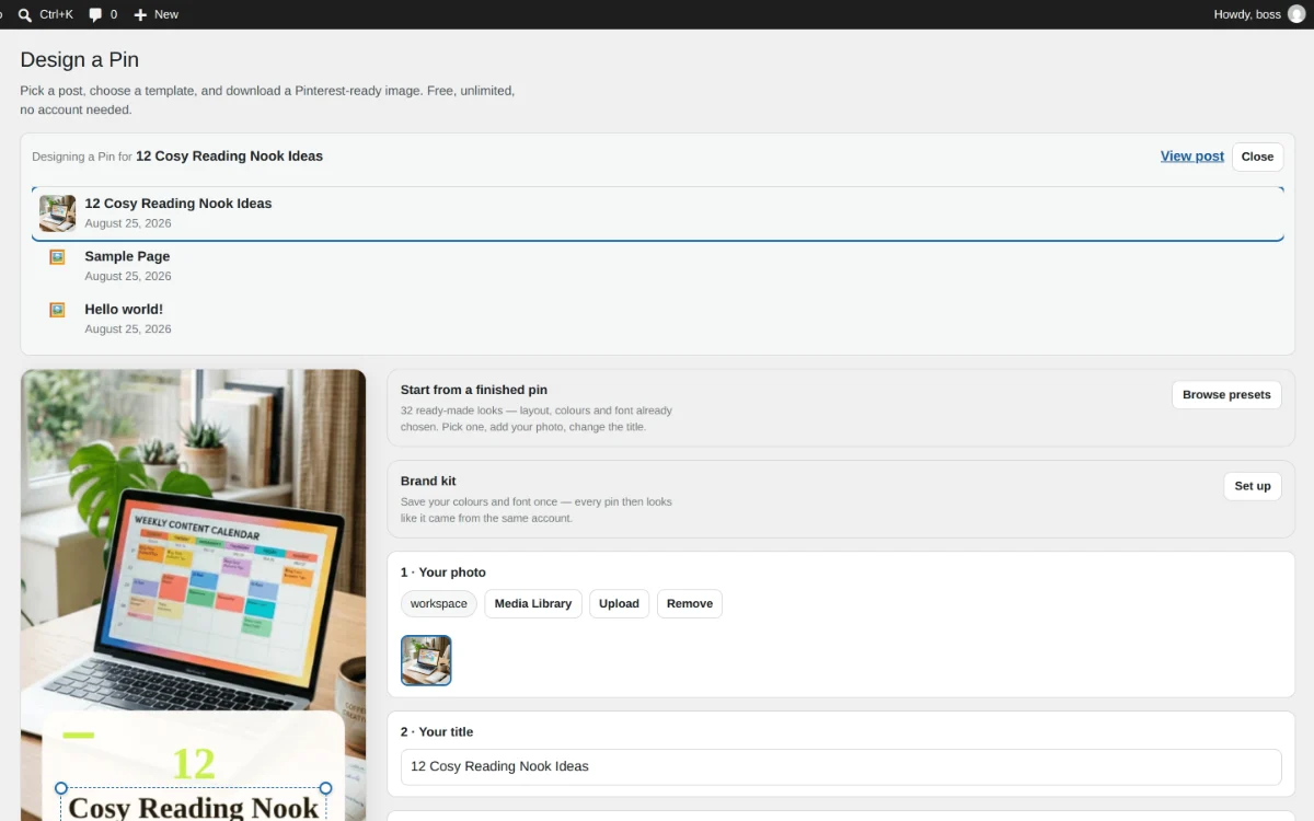 Choosing which WordPress post to design an image for, without leaving the editor.